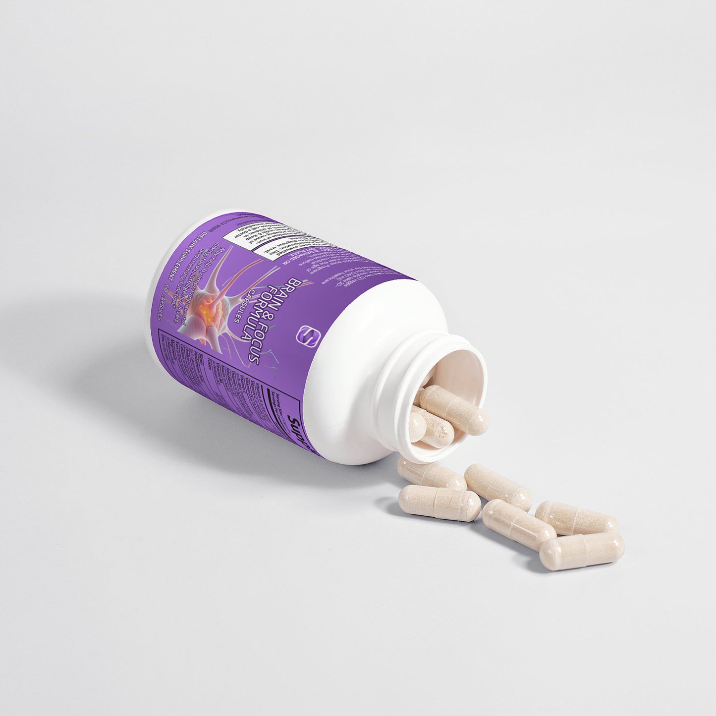 brain-focus-formula bottle with capsules pouring out